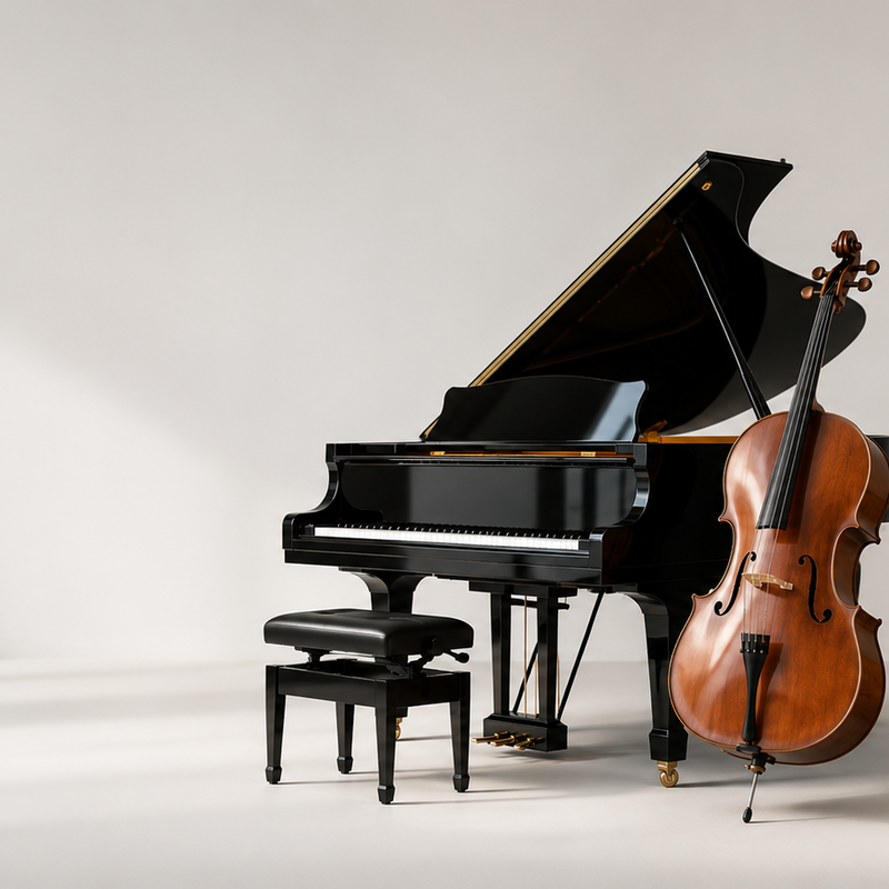 Auf dem Bild sind ein Flügel, ein Cello, eine akustische Gitarre, eine Klarinette und ein Klavierhocker vor einem schlichten Hintergrund zu sehen.