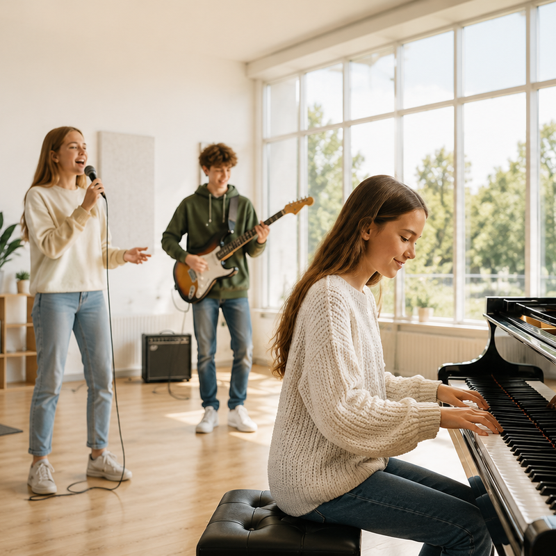 In einem hellen Raum musiziert eine Gruppe von vier jungen Menschen zusammen: eine Person spielt Klavier, während die anderen Schlagzeug, Gitarre spielen und singen.